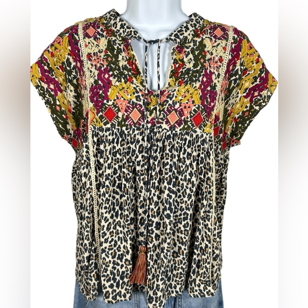Coast Womens Mixed Media Embroidered Cheetah Tribal Animal Print Tassel Shirt XS